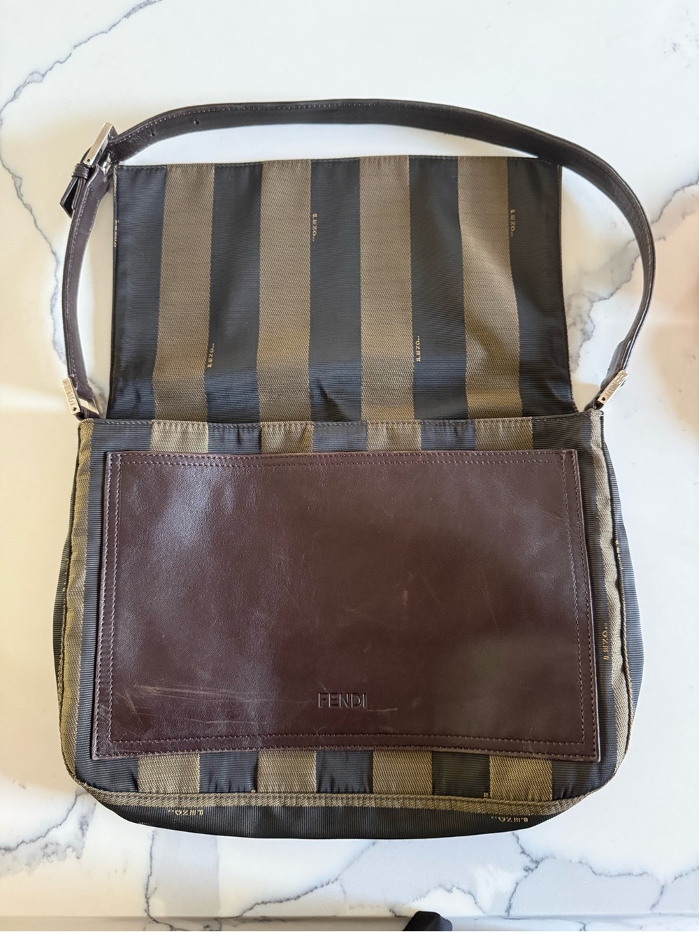Vintage Fendi Striped Canvas and Leather Shoulder Bag - Picture 2 of 9